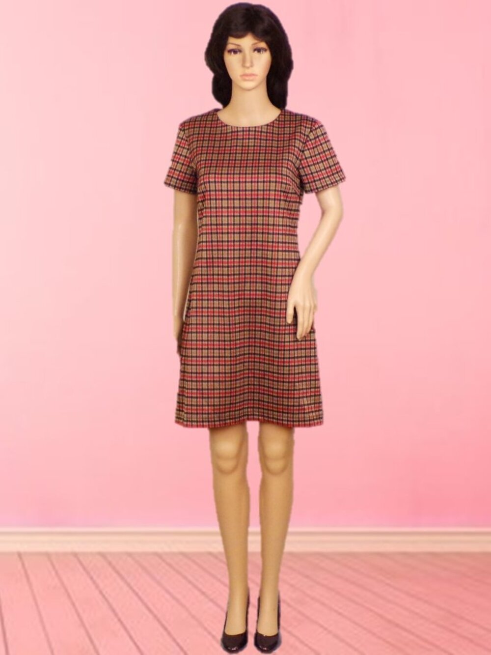 TOMMY HILFIGER size 2 red/black/tan/beige plaid short-sleeve sheath dress